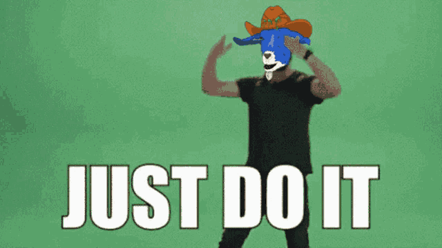 a man wearing a cowboy hat with a blue goat on his head is dancing with the words just do it behind him