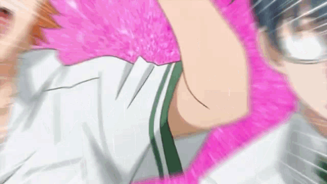 a couple of anime characters are standing next to each other . one of the characters is wearing a pink fan .