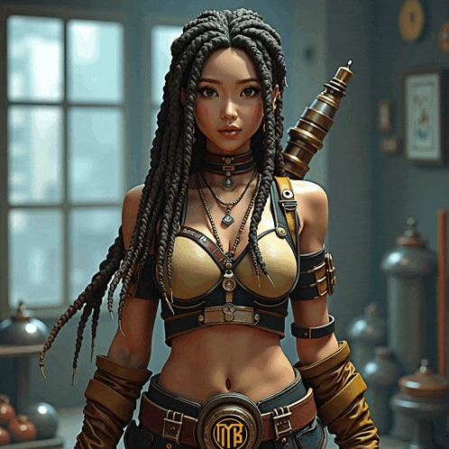 a woman with dreadlocks and a belt that has the letter mb on it
