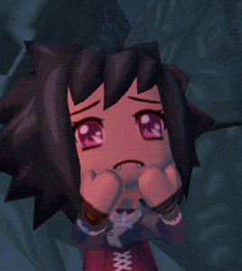 a cartoon character with black hair is making a face with her eyes closed
