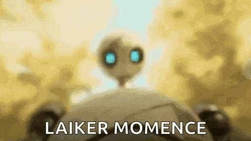 a blurred image of a robot with blue eyes and the words `` laker momente '' written below it .