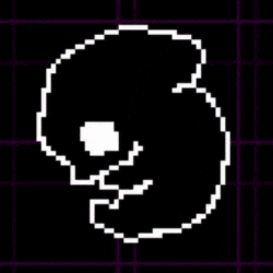 a pixel art of a skull with a white eye and bones on a black background .