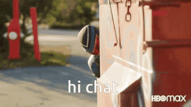 a cartoon character peeking out of a mailbox with the words hi chat written on it