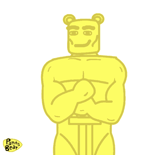 a cartoon drawing of a pants bear with his arms crossed and a star above his head