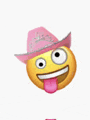 a yellow smiley face wearing a pink cowboy hat with its tongue out .