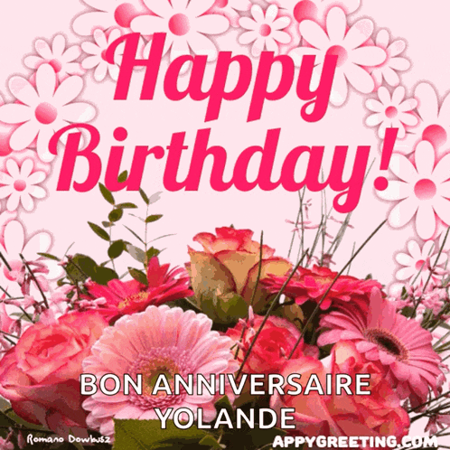 a bouquet of pink flowers with the words happy birthday on it