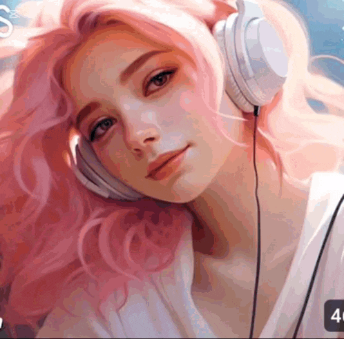 a girl with pink hair is wearing headphones and looking at the camera