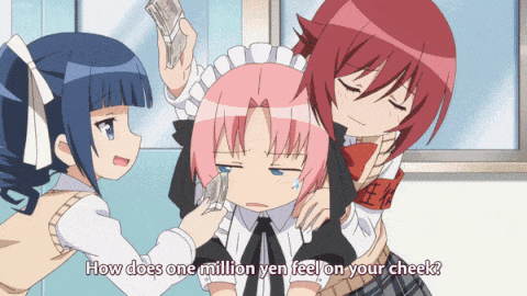 two anime girls are standing next to each other and one of them is asking how does one million yen feel on your cheek
