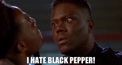a man and a woman are fighting and the man is saying `` i hate black pepper ! ''