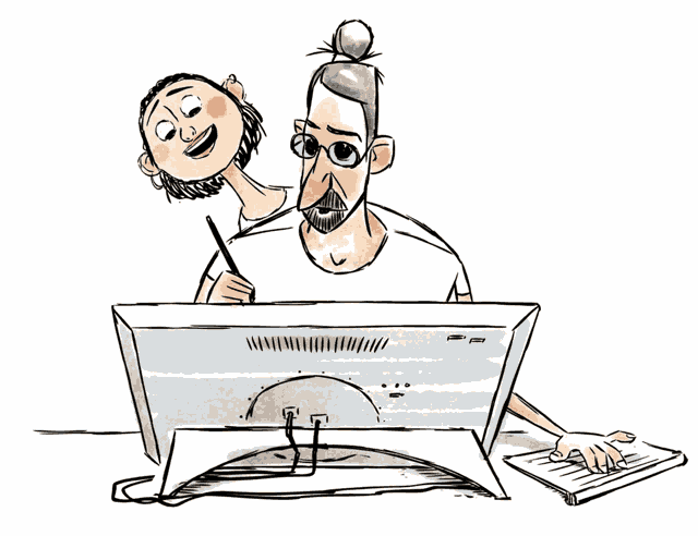 a cartoon of a man sitting in front of a computer screen