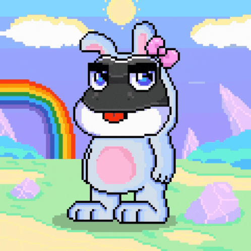 a pixel art drawing of a rabbit with a rainbow behind it