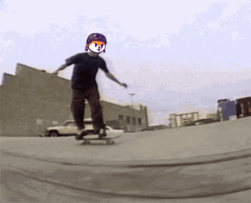 a man riding a skateboard with a dog on his face