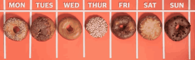 a row of donuts are lined up in a row with the words mon tues wed thur fri sat sun