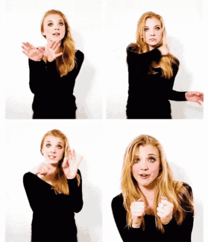 four pictures of a woman in a black shirt making different faces