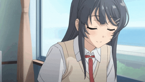 a girl with long hair and a red tie is sitting in front of a window with her eyes closed