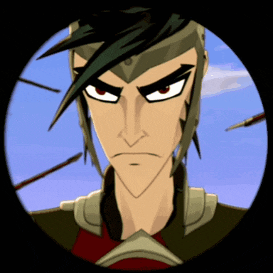 a cartoon character with a helmet on looks at the camera with arrows in the background
