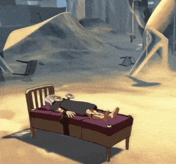 a cartoon character is laying on a bed with a purple blanket