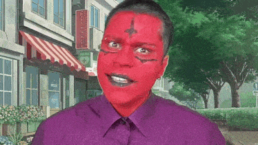 a man with red paint on his face and a cross on his forehead stands in front of a sign that says " pharmacy "