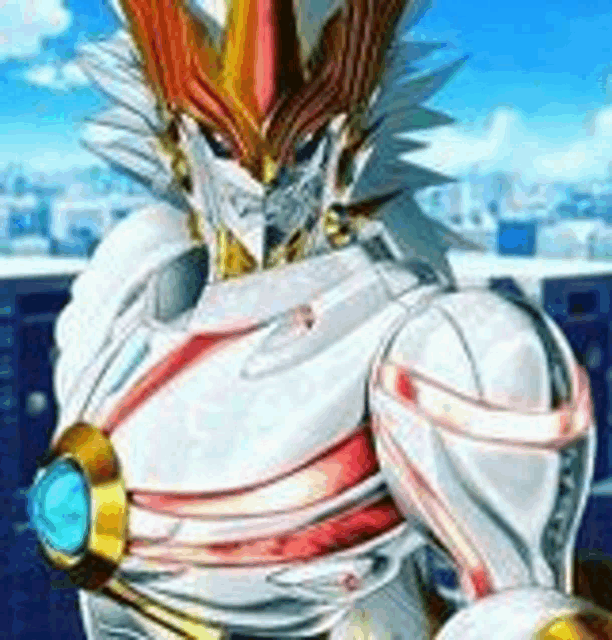 a cartoon character with a crown on his head is standing in front of a blue sky .