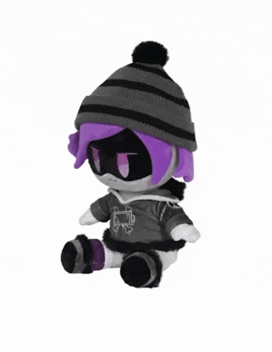 a stuffed animal with purple hair wearing a black and gray hat