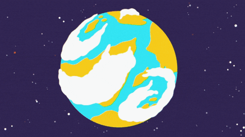 a cartoon drawing of a green and yellow planet with a cloud coming out of it