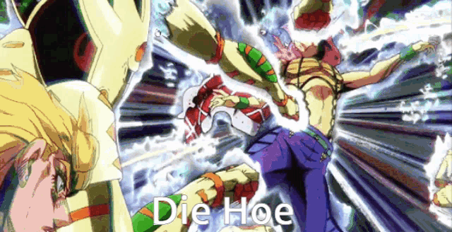a cartoon of a man being punched by another man with the words `` die hoe '' written on the bottom .