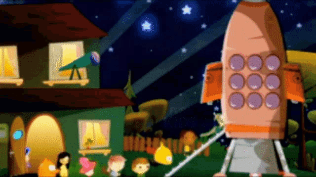 a cartoon scene with a house and a rocket
