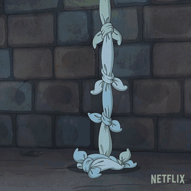 two cartoon characters are tied up by a brick wall with a netflix logo behind them