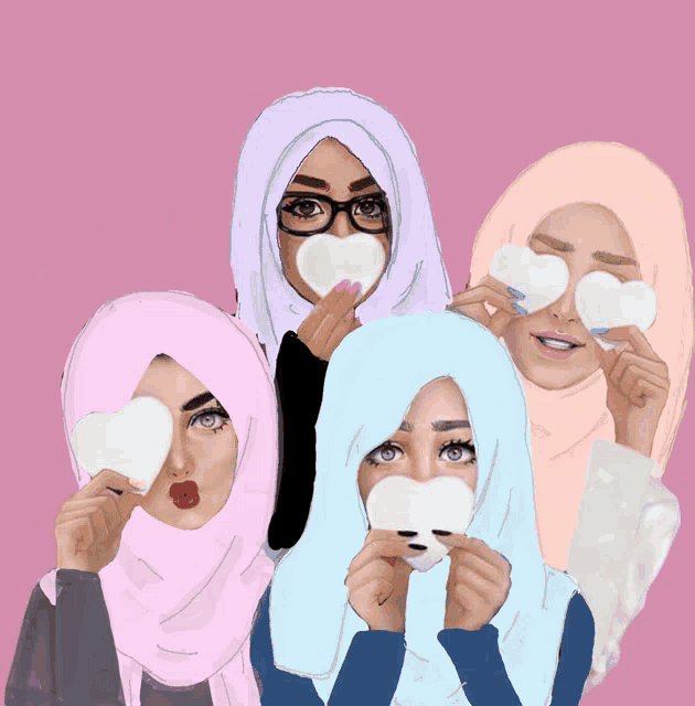 a drawing of four girls in hijab holding hearts in front of their eyes