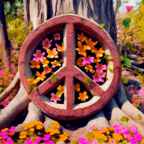 a peace sign is surrounded by flowers and leaves