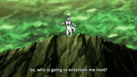 a cartoon character is standing on top of a mountain and talking to someone .