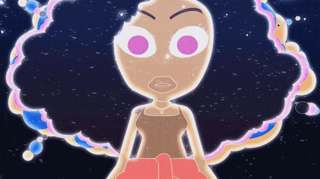 a cartoon drawing of a woman with big eyes and a tattoo on her arm