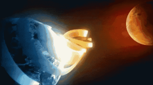 a glowing object is coming out of the earth and the moon