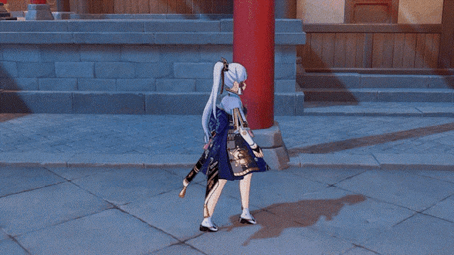 a girl with a ponytail and a sword is walking on a sidewalk