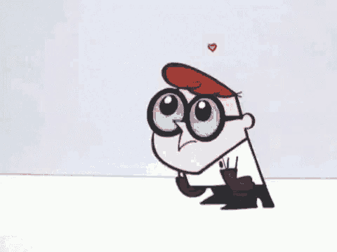 dexter from dexter 's laboratory is wearing glasses and holding a heart in his mouth .