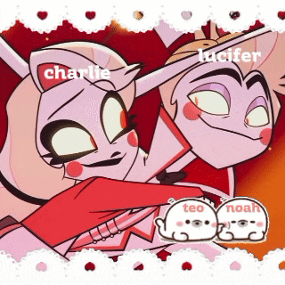 a couple of cartoon characters standing next to each other with the names charlie and lucifer written on the bottom