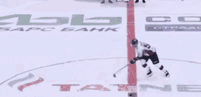 a hockey goalie is standing on the ice near a net .