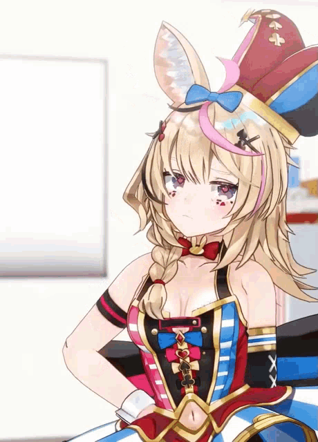 a girl with a bunny ear is wearing a hat with a cross on it
