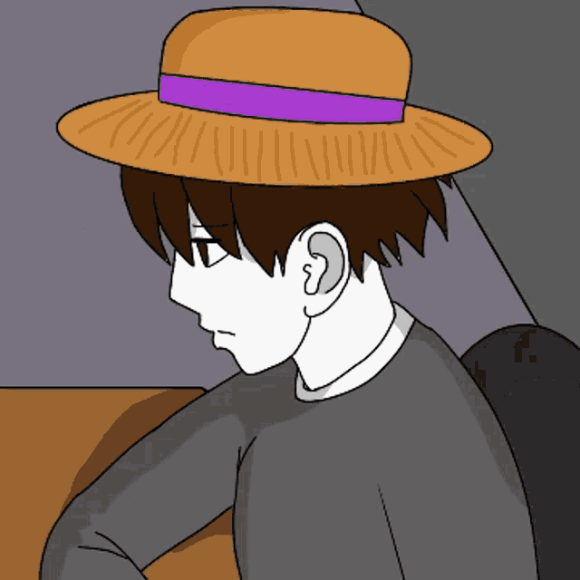 a drawing of a person wearing a straw hat with a purple ribbon