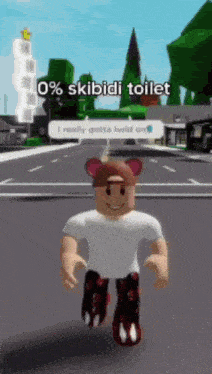 a roblox character is walking down a street with a speech bubble that says `` 0% skibidi toilet '' .