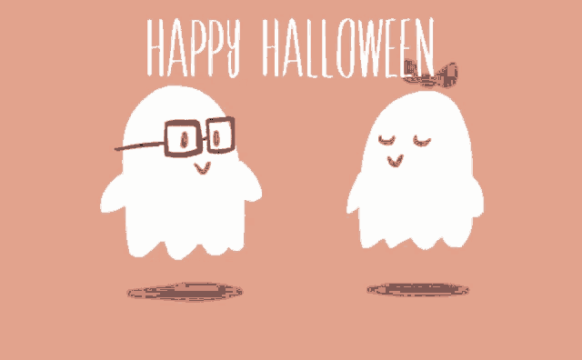 a happy halloween greeting card with two ghosts wearing glasses and bows