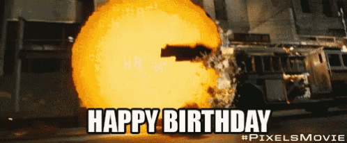 a happy birthday greeting with a fireball coming out of a fire truck