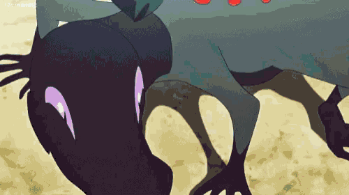 a cartoon character with a purple eye is laying on its back