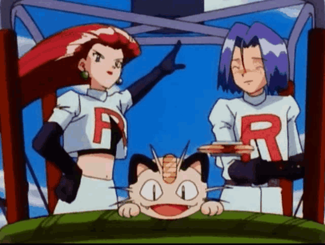 a couple of cartoon characters standing next to a cat with the letter r on their shirts .