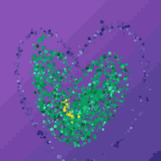 a purple background with a heart made of green and yellow hearts
