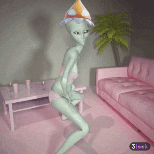 an alien wearing a party hat is dancing in a living room