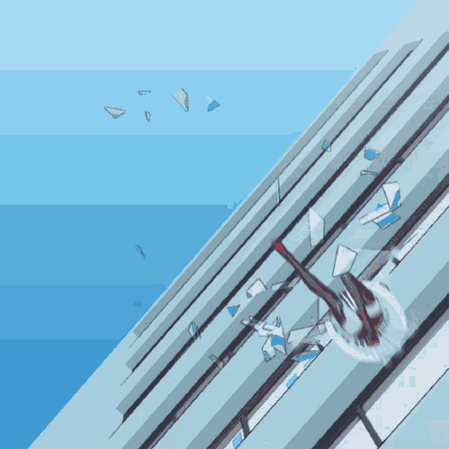 a cartoon of a girl falling off a building with broken windows