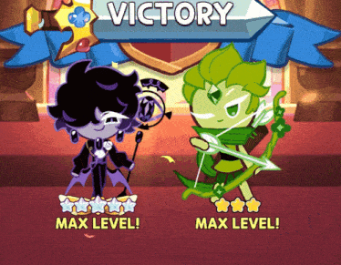two cartoon characters are standing next to each other with a banner that says victory