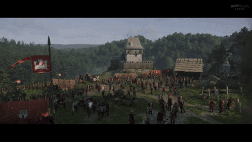 a large group of people are gathered in front of a castle with a banner that says ' king ' on it