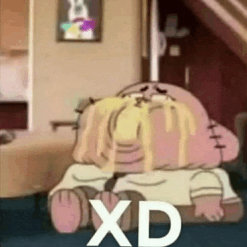 a cartoon character from the amazing world of gumball is crying and sitting on a couch .